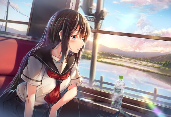 Anime picture 1400x955 with original wingheart single long hair blush fringe open mouth hair between eyes brown hair sitting green eyes looking away sky cloud (clouds) sunlight short sleeves reflection train interior girl skirt