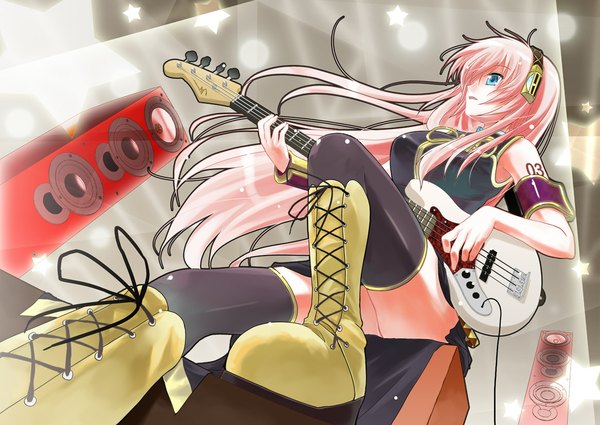 Anime picture 1165x827 with vocaloid megurine luka porurin long hair blue eyes pink hair girl boots headphones musical instrument guitar