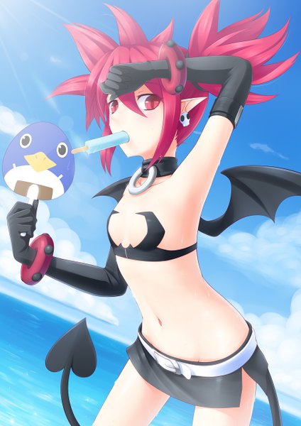 Anime picture 905x1280 with disgaea etna (disgaea) prinny ricegnat single tall image short hair light erotic red eyes twintails pink hair sky cloud (clouds) tail pointy ears sunlight armpit (armpits) midriff demon tail bat wings