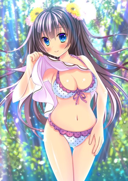 Anime picture 707x1000 with original yuzukaze rio single long hair tall image looking at viewer blush breasts blue eyes light erotic smile purple hair hair flower girl navel hair ornament flower (flowers) swimsuit plant (plants) bikini