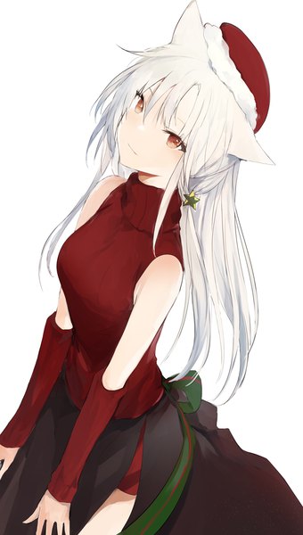 Anime picture 694x1225 with original lpip single long hair tall image fringe simple background hair between eyes red eyes white background white hair from above light smile looking up girl hat detached sleeves turtleneck santa claus hat