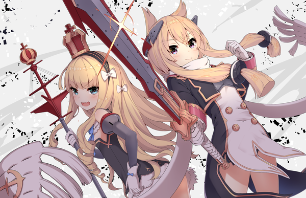 Anime picture 2560x1654 with azur lane warspite (azur lane) queen elizabeth (azur lane) neme1228 long hair looking at viewer blush fringe highres open mouth blue eyes light erotic blonde hair smile hair between eyes purple eyes multiple girls holding payot blunt bangs