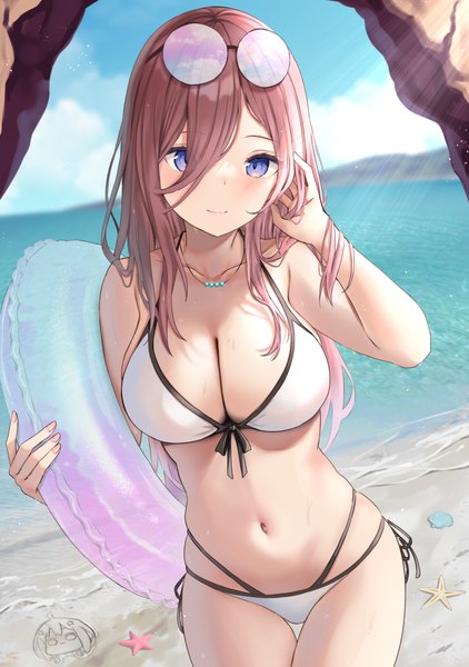 Anime picture 1200x1706 with go-toubun no hanayome nakano miku akino ell single long hair tall image looking at viewer blush fringe breasts blue eyes light erotic hair between eyes brown hair large breasts standing holding sky cloud (clouds) outdoors