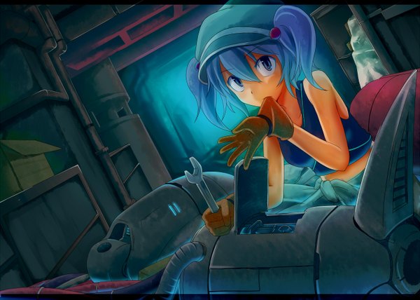 Anime picture 1400x1000 with touhou kawashiro nitori tamahana (artist) single short hair blue eyes twintails bare shoulders blue hair dutch angle alternate costume mouth hold short twintails glove biting girl gloves flat cap machine