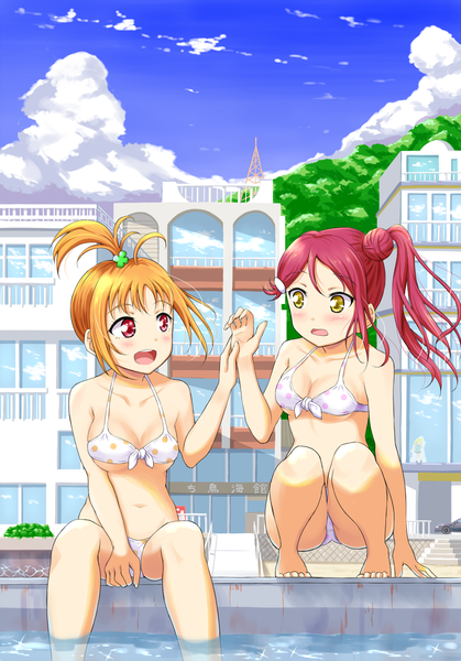 Anime picture 1048x1500 with love live! sunshine!! sunrise (studio) love live! sakurauchi riko takami chika qy long hair tall image blush fringe short hair breasts open mouth light erotic smile hair between eyes red eyes large breasts sitting bare shoulders