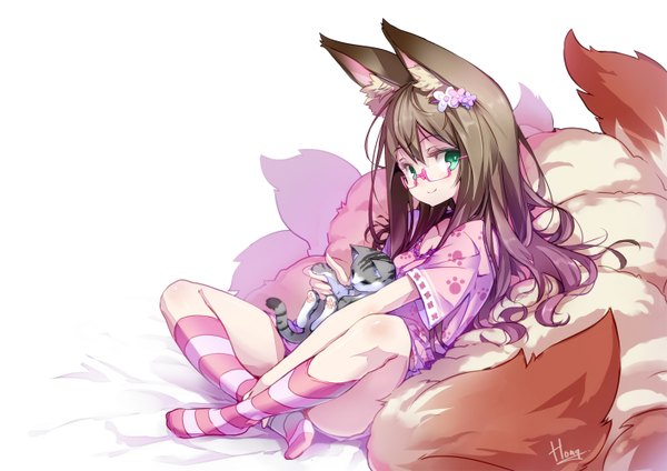 Anime picture 1412x1000 with original hong (white spider) single long hair looking at viewer blush fringe light erotic simple background brown hair white background sitting green eyes signed animal ears tail animal tail light smile shadow no shoes
