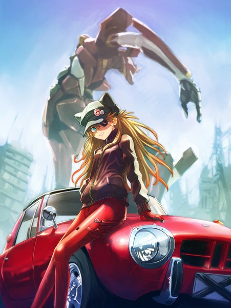 Anime picture 752x1000 with neon genesis evangelion rebuild of evangelion gainax toyota soryu asuka langley eva 02 boyaking(sbf) single long hair tall image looking at viewer fringe breasts open mouth blue eyes blonde hair smile hair between eyes sitting sky