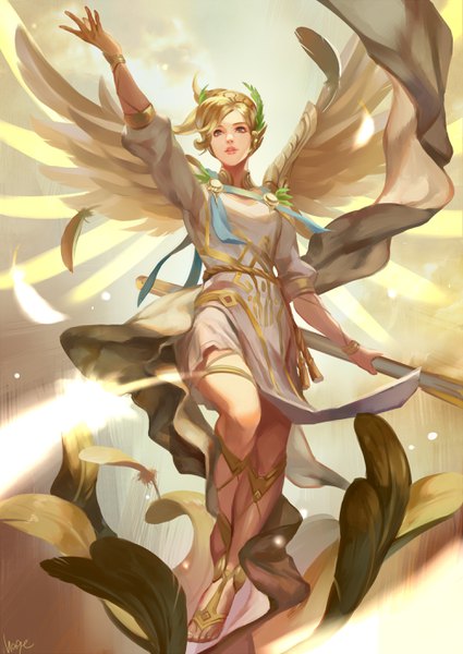 Anime picture 2000x2824 with overwatch blizzard entertainment mercy (overwatch) winged victory mercy hage2013 single tall image highres short hair blue eyes blonde hair signed full body traditional clothes arm up realistic mechanical wings girl wings feather (feathers)