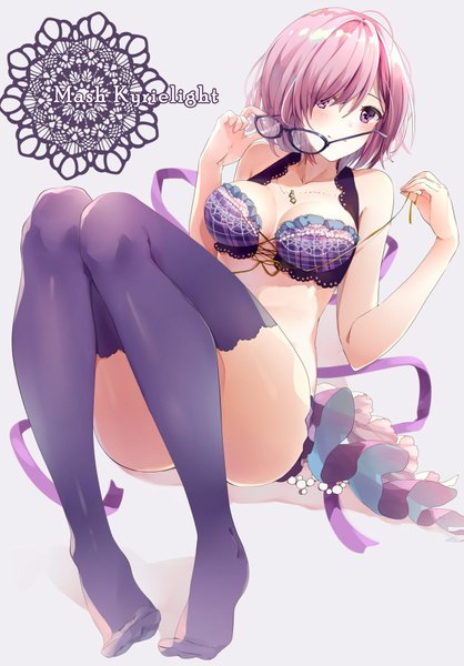 Anime picture 1273x1828 with fate (series) fate/grand order mash kyrielight puracotte single tall image looking at viewer blush fringe short hair breasts light erotic simple background smile large breasts sitting purple eyes bare shoulders holding pink hair