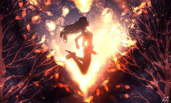 Anime picture 1590x966 with original ryky single long hair black hair wide image signed full body bent knee (knees) profile barefoot sunlight lens flare looking up jumping 2016 girl plant (plants) tree (trees) shorts