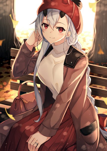 Anime picture 1000x1403 with fate (series) fate/grand order tomoe gozen (fate) akami fumio single long hair tall image looking at viewer blush fringe smile hair between eyes red eyes sitting silver hair outdoors braid (braids) pleated skirt horn (horns) blurry