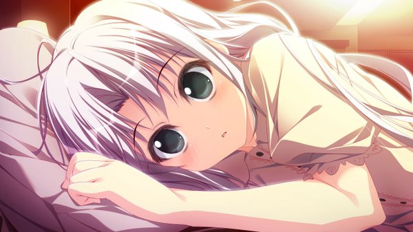 Anime picture 1280x720 with himawari no kyoukai to nagai natsuyasumi nonohara hinazakura motoyon single long hair blush open mouth blue eyes wide image game cg silver hair lying girl