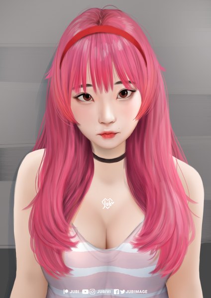 Anime picture 2480x3508 with original yuri (jubi) jubi (regiana) single long hair tall image looking at viewer fringe highres breasts light erotic large breasts bare shoulders brown eyes signed pink hair cleavage realistic grey background lipstick