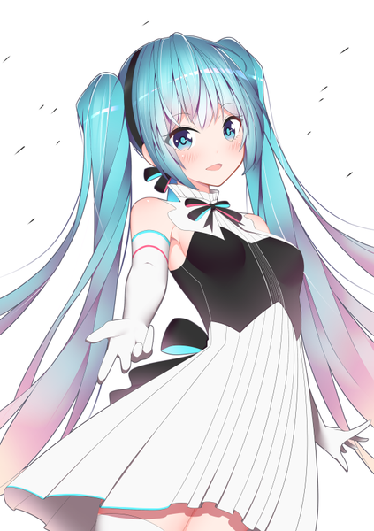 Anime picture 595x842 with vocaloid miku symphony (vocaloid) hatsune miku giryu single long hair tall image looking at viewer blush fringe open mouth simple background hair between eyes white background twintails bare shoulders payot aqua eyes light smile aqua hair