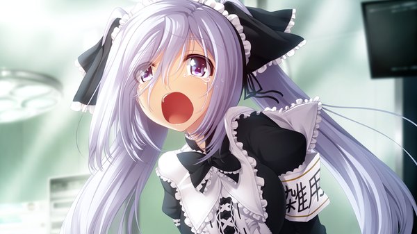 Anime picture 1280x720 with gleam garden no shoujo shirayuki (gleam garden no shoujo) char single long hair blush open mouth blue eyes wide image game cg white hair tears girl dress bow hair bow frills headdress