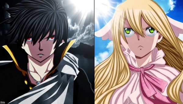 Anime picture 2995x1708 with fairy tail mavis vermillion zeref futuretabs long hair fringe highres short hair black hair blonde hair red eyes wide image green eyes sky cloud (clouds) sunlight coloring multiview girl boy