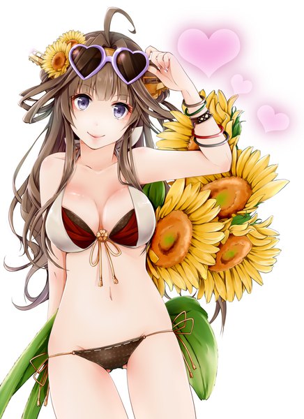 Anime picture 800x1100 with kantai collection kongou battleship akatsuki hijiri single long hair tall image looking at viewer blush breasts light erotic simple background smile brown hair standing white background purple eyes bare shoulders ahoge head tilt hair flower