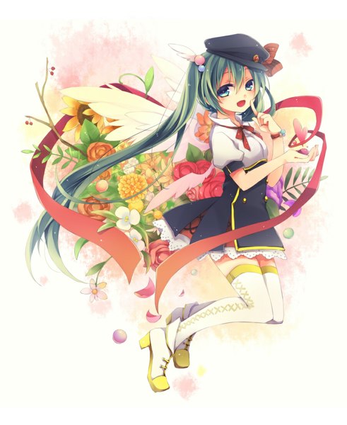 Anime picture 900x1100 with vocaloid hatsune miku kuroi (liar-player) single long hair tall image looking at viewer blush open mouth blue eyes twintails full body aqua hair girl thighhighs dress flower (flowers) white thighhighs wings flat cap