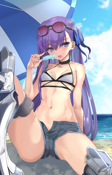Anime picture 2185x3417 with fate (series) fate/grand order fate/extra fate/extra ccc meltryllis (fate) kesoshirou single long hair tall image looking at viewer blush fringe highres breasts open mouth light erotic hair between eyes sitting purple eyes holding