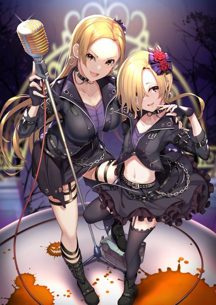 Anime picture 700x988 with idolmaster idolmaster cinderella girls shirasaka koume matsunaga ryou kouda hayato (e-gis) long hair tall image looking at viewer fringe short hair open mouth blonde hair multiple girls yellow eyes :d from above hair over one eye sparkle midriff hand on another's shoulder