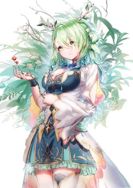 Anime picture 2894x4093 with virtual youtuber hololive hololive english ceres fauna ceres fauna (1st costume) eshineko single long hair tall image fringe highres hair between eyes yellow eyes looking away cleavage nail polish horn (horns) green hair hair bun (hair buns) girl