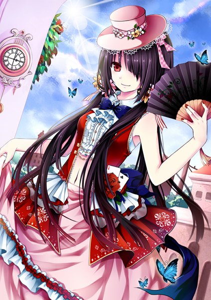 Anime picture 780x1105 with date a live tokisaki kurumi gyaza single long hair tall image fringe black hair red eyes sky cloud (clouds) hair over one eye lens flare girl dress flower (flowers) bow hat insect butterfly