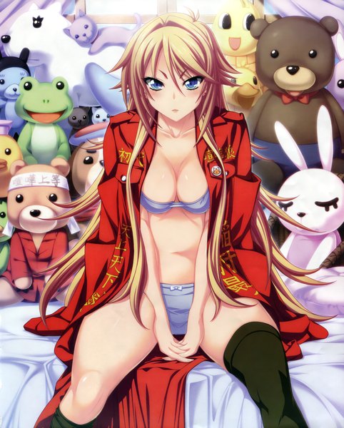 Anime picture 2450x3050 with mikoshi matsuri long hair tall image looking at viewer blush highres breasts blue eyes light erotic blonde hair girl thighhighs navel underwear panties black thighhighs toy stuffed animal