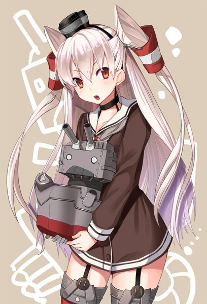 Anime picture 800x1175 with kantai collection rensouhou-chan amatsukaze destroyer rensouhou-kun kgr single long hair tall image open mouth red eyes silver hair two side up zettai ryouiki girl thighhighs hair ornament weapon hat hair tubes mini hat