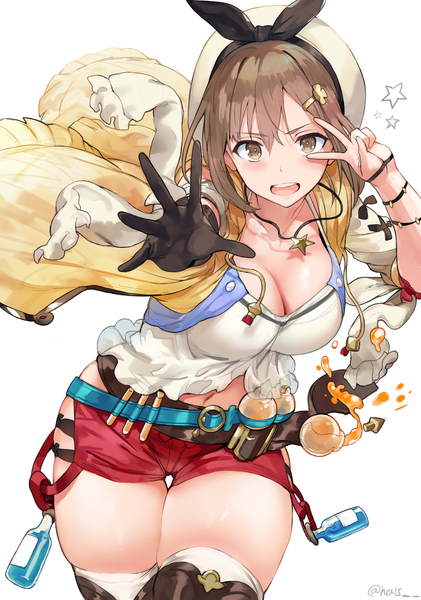 Anime picture 3120x4446 with atelier (series) atelier ryza gust (company) reisalin stout hews single tall image looking at viewer blush fringe highres short hair breasts open mouth light erotic simple background hair between eyes brown hair large breasts standing