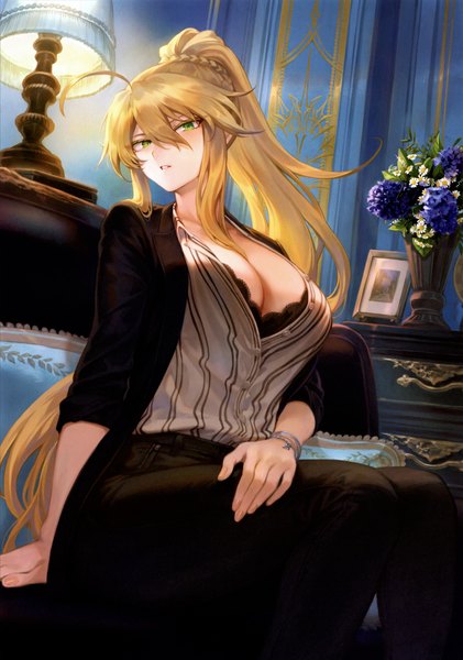 Anime picture 4889x6974 with fate (series) fate/grand order artoria pendragon (all) artoria pendragon (lancer) mashuu (neko no oyashiro) single long hair tall image looking at viewer blush fringe highres breasts light erotic blonde hair hair between eyes large breasts sitting green eyes payot