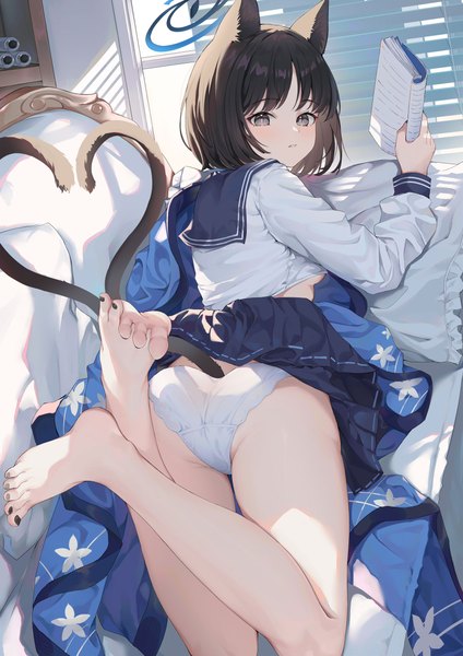 Anime picture 1705x2412 with blue archive kikyou (blue archive) hokori sakuni single tall image highres short hair light erotic brown hair animal ears ass tail lying nail polish animal tail looking back barefoot cat ears bare legs cat girl