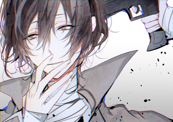 Anime picture 900x636 with bungou stray dogs studio bones dazai osamu (bungou stray dogs) poni (rito) single fringe short hair simple background hair between eyes brown hair brown eyes looking away hand on face boy weapon gun bandage (bandages) pistol