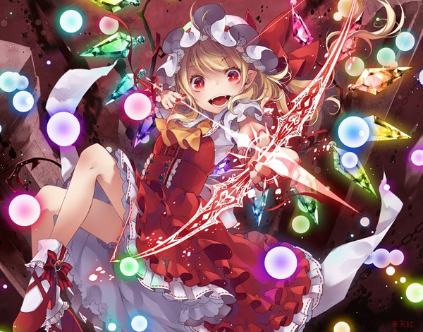 Anime picture 1715x1344 with touhou flandre scarlet toutenkou single looking at viewer fringe highres short hair open mouth blonde hair smile red eyes signed bent knee (knees) nail polish pointy ears short sleeves fang (fangs) flat chest red nail polish
