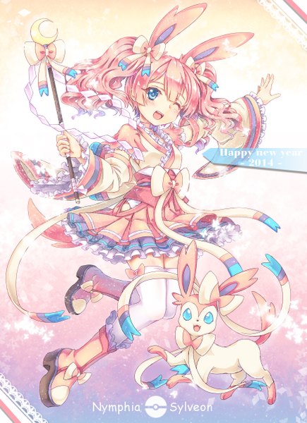 Anime picture 1748x2410 with pokemon nintendo sylveon north abyssor single long hair tall image looking at viewer blush highres open mouth blue eyes twintails animal ears pink hair one eye closed wink new year happy new year 2014