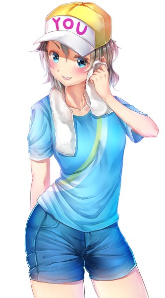 Anime picture 1356x2439 with love live! sunshine!! sunrise (studio) love live! watanabe you hachinatsu single tall image looking at viewer blush fringe short hair blue eyes simple background smile hair between eyes brown hair standing parted lips sweat character names
