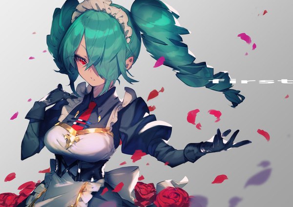 Anime-Bild 1000x708 mit original bukurote single long hair fringe simple background red eyes twintails upper body hair over one eye aqua hair grey background outstretched arm drill hair girl gloves flower (flowers) petals black gloves headdress