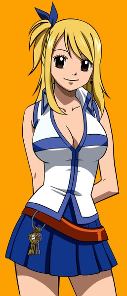 Anime picture 1074x2500 with fairy tail lucy heartfilia single long hair tall image simple background blonde hair smile brown eyes cleavage sleeveless one side up girl miniskirt belt key