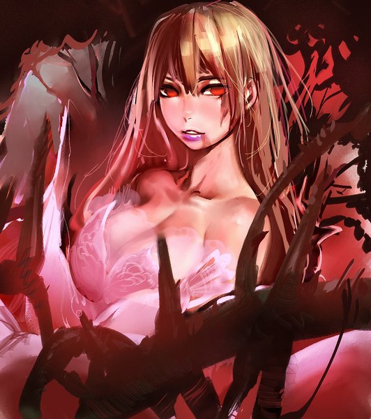 Anime picture 1000x1127 with original bow (bhp) single long hair tall image blush breasts light erotic blonde hair red eyes large breasts bare shoulders lips girl blood