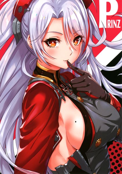 Anime picture 2476x3527 with azur lane prinz eugen (azur lane) sakiyamama single long hair tall image looking at viewer blush fringe highres breasts light erotic smile large breasts silver hair looking back light smile lips mole character names