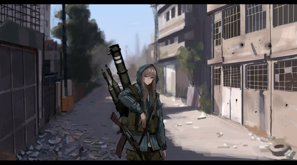 Anime picture 2079x1158 with original jittsu single long hair looking at viewer highres blue eyes smile brown hair wide image standing sky sunlight smoke destruction girl weapon jacket gun hood