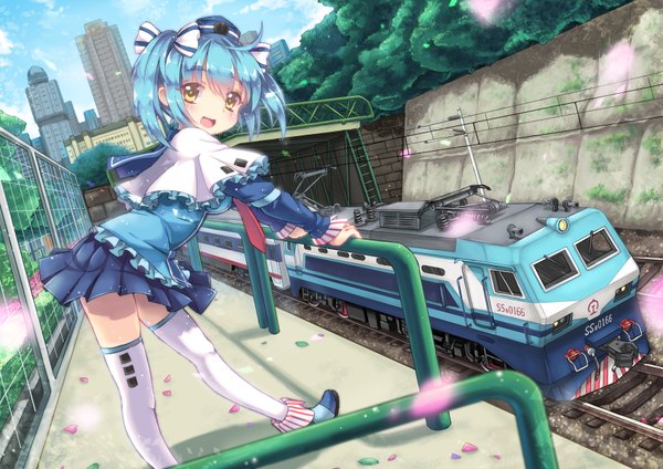 Anime picture 3507x2480 with china railway girl north abyssor single looking at viewer blush highres short hair open mouth twintails yellow eyes absurdres aqua eyes scenic girl thighhighs skirt bow hair bow hat miniskirt