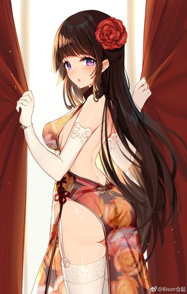 Anime picture 1920x3016 with original bison cangshu single long hair tall image looking at viewer fringe highres open mouth light erotic brown hair standing purple eyes ass traditional clothes looking back hair flower :o shiny skin chinese clothes