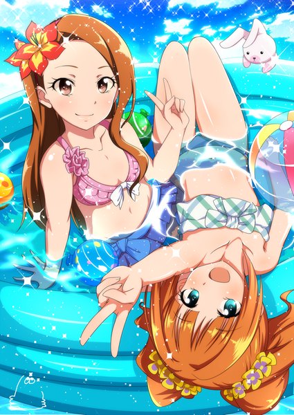 Anime picture 827x1168 with idolmaster minase iori takatsuki yayoi jabara921 long hair tall image looking at viewer short hair breasts open mouth blue eyes light erotic smile brown hair bare shoulders multiple girls brown eyes lying hair flower orange hair