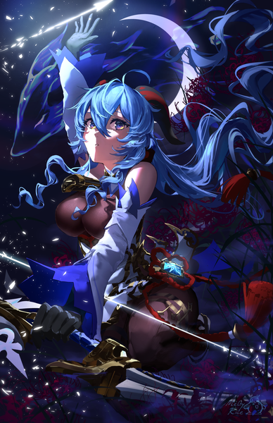 Anime picture 1650x2550 with genshin impact ganyu (genshin impact) meltyrice single long hair tall image fringe light erotic hair between eyes purple eyes blue hair ahoge horn (horns) shaded face girl gloves weapon detached sleeves black gloves bodysuit