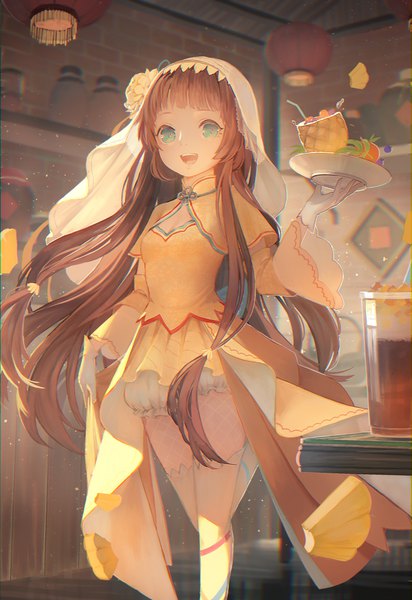 Anime picture 1409x2048 with food fantasy tiramisu (food fantasy) echosdoodle single long hair tall image looking at viewer fringe open mouth smile brown hair standing holding payot bent knee (knees) indoors blunt bangs :d aqua eyes blurry