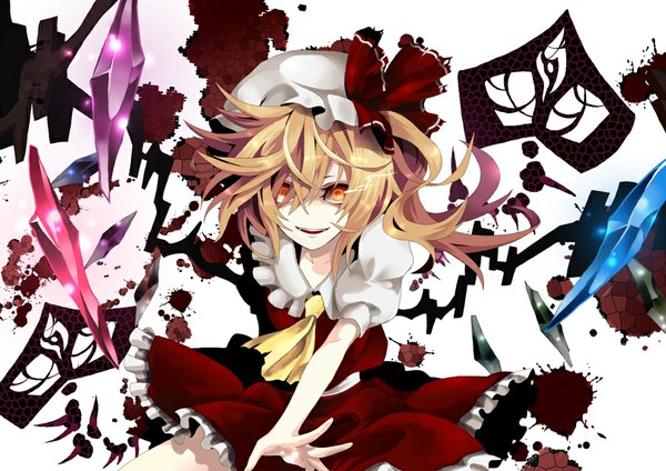 Anime picture 1000x707 with touhou flandre scarlet kyo zip single looking at viewer short hair open mouth blonde hair smile orange eyes girl dress skirt wings bonnet skirt set crystal