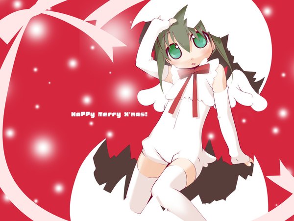 Anime picture 1024x768 with original matsuda98 green eyes christmas thighhighs gloves wings elbow gloves eggshell