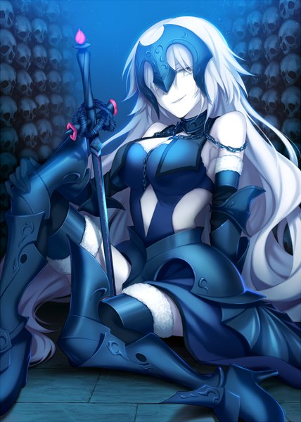Anime picture 650x910 with fate (series) fate/grand order fate/apocrypha jeanne d'arc (fate) (all) jeanne d'arc alter (fate) jeanne d'arc alter (avenger) (third ascension) (fate) wowishi single tall image smile sitting bare shoulders yellow eyes white hair very long hair parted lips arm support fur trim leg lift (legs lift) between legs