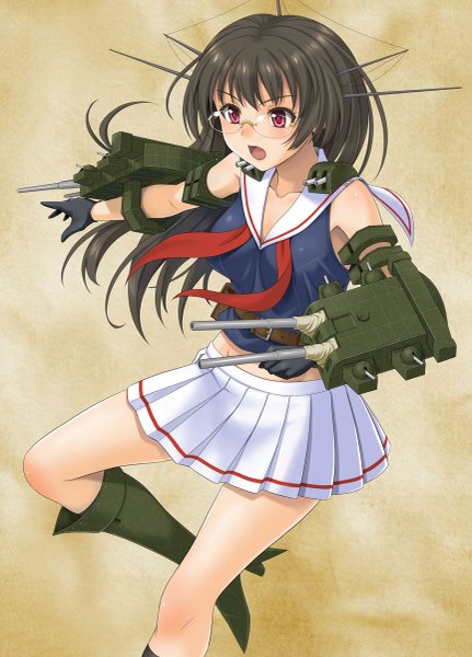 Anime picture 863x1200 with kantai collection choukai heavy cruiser hida tatsuo single long hair tall image blush open mouth black hair red eyes girl skirt gloves hair ornament weapon glasses boots sailor suit