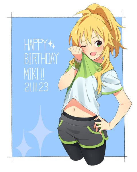 Anime picture 1118x1404 with idolmaster idolmaster (classic) hoshii miki gulim single long hair tall image blush open mouth simple background blonde hair green eyes ahoge ponytail one eye closed sweat hand on hip border dated blue background